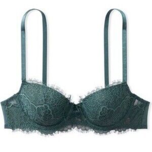 Victoria's Secret Lightly-Lined Lace Demi Bra with Lace-Up Detail Midnight Jade